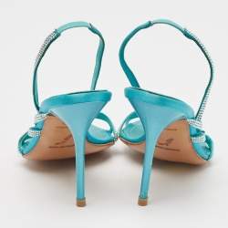 Pre Owned René Caovilla Blue Satin Crystal Embellished Slingback Sandals Size 38.5
