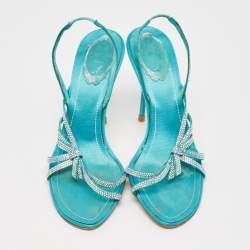 Pre Owned René Caovilla Blue Satin Crystal Embellished Slingback Sandals Size 38.5