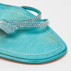 Pre Owned René Caovilla Blue Satin Crystal Embellished Slingback Sandals Size 38.5