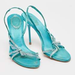Pre Owned René Caovilla Blue Satin Crystal Embellished Slingback Sandals Size 38.5