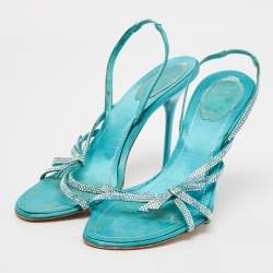 Pre Owned René Caovilla Blue Satin Crystal Embellished Slingback Sandals Size 38.5