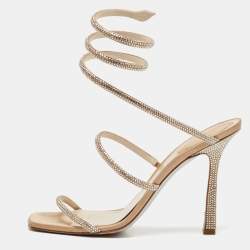 Pre Owned René Caovilla Beige Satin Crystal Embellished Cleo Ankle Strap Sandals Size 40