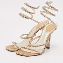 Pre Owned René Caovilla Beige Satin Crystal Embellished Cleo Ankle Strap Sandals Size 40