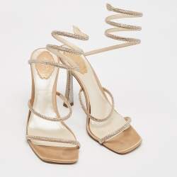 Pre Owned René Caovilla Beige Satin Crystal Embellished Cleo Ankle Strap Sandals Size 40