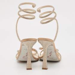 Pre Owned René Caovilla Beige Satin Crystal Embellished Cleo Ankle Strap Sandals Size 40