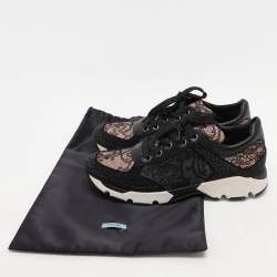 René Caovilla Black Lace and Leather Rhinestone Embellished Low Top Sneakers Size 36