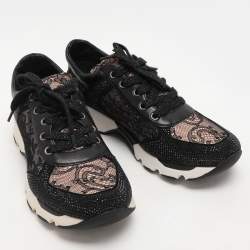 René Caovilla Black Lace and Leather Rhinestone Embellished Low Top Sneakers Size 36