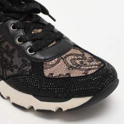 René Caovilla Black Lace and Leather Rhinestone Embellished Low Top Sneakers Size 36