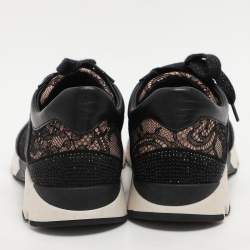 René Caovilla Black Lace and Leather Rhinestone Embellished Low Top Sneakers Size 36