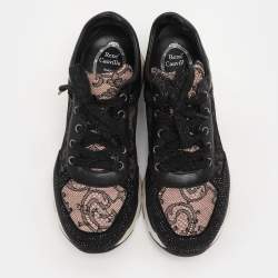 René Caovilla Black Lace and Leather Rhinestone Embellished Low Top Sneakers Size 36