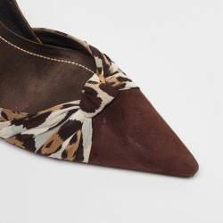 René Caovilla Brown Leopard Print Fabric and Suede Knotted Pointed Toe Pumps Size 38
