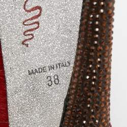 Pre Owned René Caovilla Red Calf Hair Crystal Embellished Platform Peep Toe Pumps Size 38