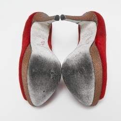 Pre Owned René Caovilla Red Calf Hair Crystal Embellished Platform Peep Toe Pumps Size 38