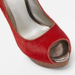 Pre Owned René Caovilla Red Calf Hair Crystal Embellished Platform Peep Toe Pumps Size 38