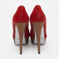 Pre Owned René Caovilla Red Calf Hair Crystal Embellished Platform Peep Toe Pumps Size 38