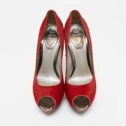 Pre Owned René Caovilla Red Calf Hair Crystal Embellished Platform Peep Toe Pumps Size 38