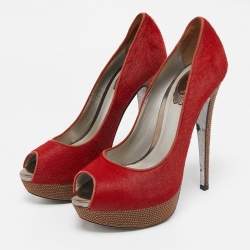 Pre Owned René Caovilla Red Calf Hair Crystal Embellished Platform Peep Toe Pumps Size 38