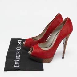 Pre Owned René Caovilla Red Calf Hair Crystal Embellished Platform Peep Toe Pumps Size 38