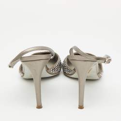 Pre Owned René Caovilla Silver Satin Crystal Embellished Slingback Pumps Size 38