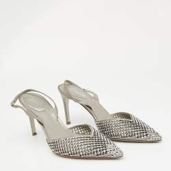 Pre Owned René Caovilla Silver Satin Crystal Embellished Slingback Pumps Size 38