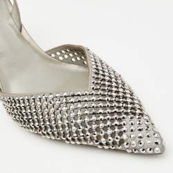 Pre Owned René Caovilla Silver Satin Crystal Embellished Slingback Pumps Size 38