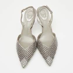 Pre Owned René Caovilla Silver Satin Crystal Embellished Slingback Pumps Size 38