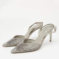 Pre Owned René Caovilla Silver Satin Crystal Embellished Slingback Pumps Size 38