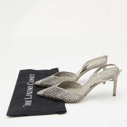 Pre Owned René Caovilla Silver Satin Crystal Embellished Slingback Pumps Size 38