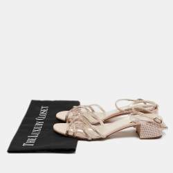 René Caovilla Metallic Beige PVC and Leather Crystal Embellished Ankle Wrap Sandals Size 37.5