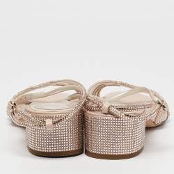 René Caovilla Metallic Beige PVC and Leather Crystal Embellished Ankle Wrap Sandals Size 37.5