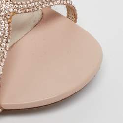 René Caovilla Metallic Beige PVC and Leather Crystal Embellished Ankle Wrap Sandals Size 37.5