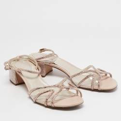 René Caovilla Metallic Beige PVC and Leather Crystal Embellished Ankle Wrap Sandals Size 37.5
