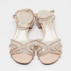 René Caovilla Metallic Beige PVC and Leather Crystal Embellished Ankle Wrap Sandals Size 37.5