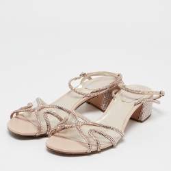 René Caovilla Metallic Beige PVC and Leather Crystal Embellished Ankle Wrap Sandals Size 37.5