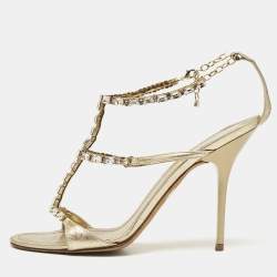 Pre Owned René Caovilla Gold Leather Crystal Embellished Ankle Strap Sandals Size 38