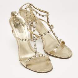 Pre Owned René Caovilla Gold Leather Crystal Embellished Ankle Strap Sandals Size 38
