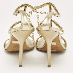 Pre Owned René Caovilla Gold Leather Crystal Embellished Ankle Strap Sandals Size 38