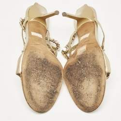 Pre Owned René Caovilla Gold Leather Crystal Embellished Ankle Strap Sandals Size 38