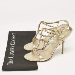 Pre Owned René Caovilla Gold Leather Crystal Embellished Ankle Strap Sandals Size 38