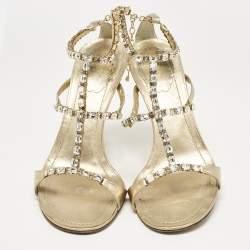 Pre Owned René Caovilla Gold Leather Crystal Embellished Ankle Strap Sandals Size 38