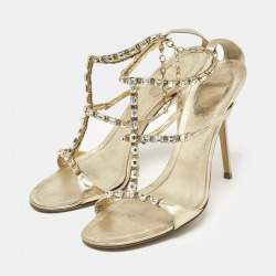 Pre Owned René Caovilla Gold Leather Crystal Embellished Ankle Strap Sandals Size 38