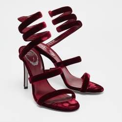René Caovilla Burgundy Velvet Cleo Ankle Strap Sandals Size 38