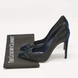 Pre Owned René Caovilla Blue Velvet Crystal Embellished Pointed Toe Pumps Size 38
