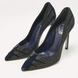 Pre Owned René Caovilla Blue Velvet Crystal Embellished Pointed Toe Pumps Size 38