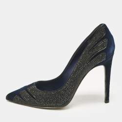 Pre Owned René Caovilla Blue Velvet Crystal Embellished Pointed Toe Pumps Size 38