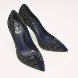 Pre Owned René Caovilla Blue Velvet Crystal Embellished Pointed Toe Pumps Size 38