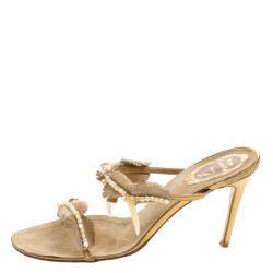 René Caovilla Beige Embellished Suede Slides Size 38.5