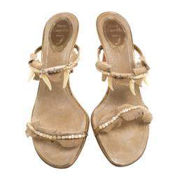 René Caovilla Beige Embellished Suede Slides Size 38.5