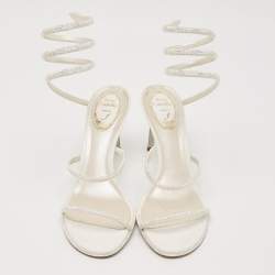 مملوكة مسبقًا René Caovilla White Leather and Satin Crystal Embellished Cleo Ankle Strap Sandals Size 41