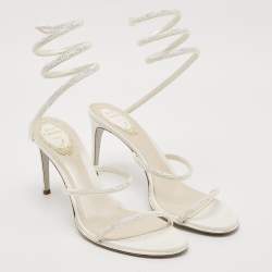 مملوكة مسبقًا René Caovilla White Leather and Satin Crystal Embellished Cleo Ankle Strap Sandals Size 41